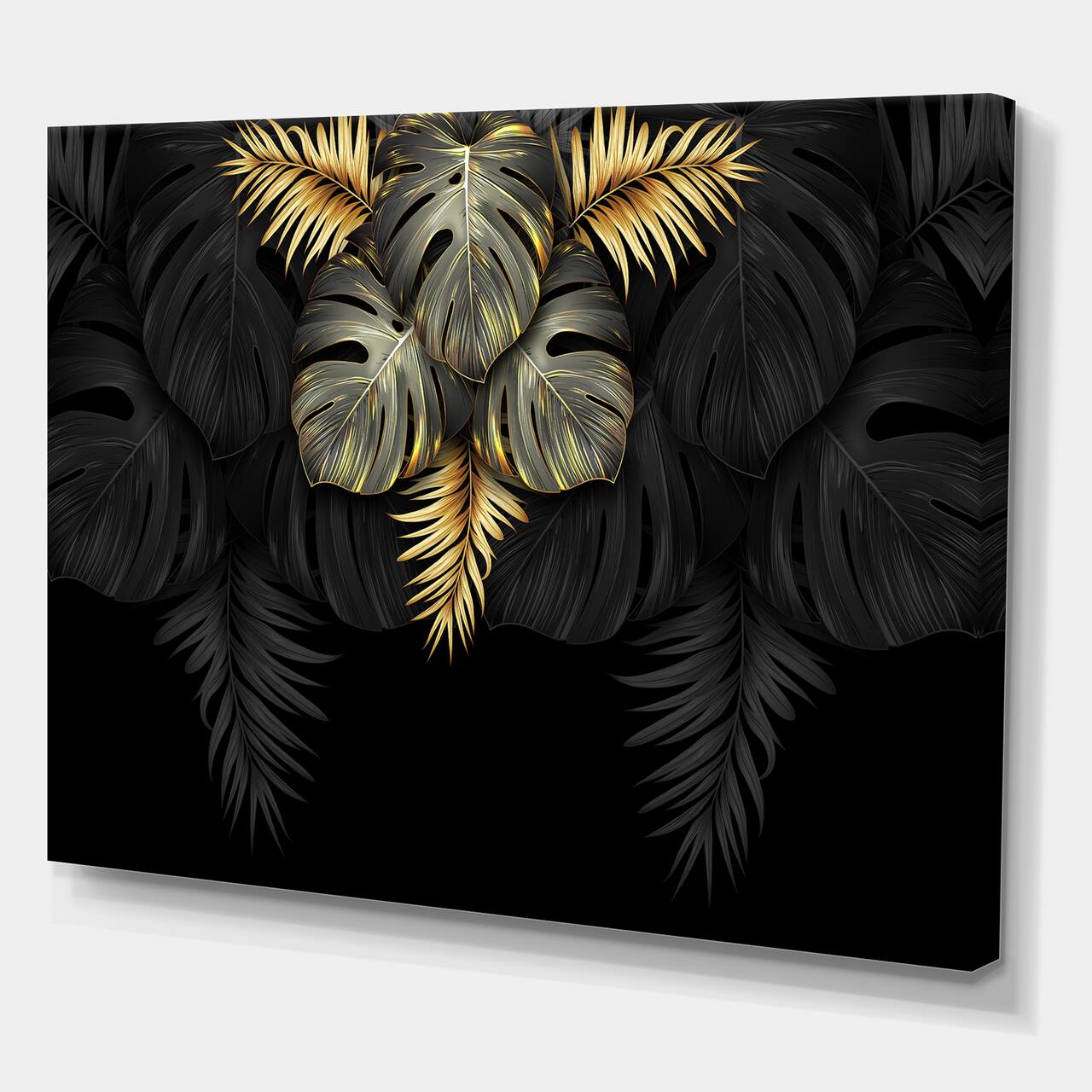 Designart - Black and Gold Tropical Leaves IV - Modern Canvas Wall Art Print